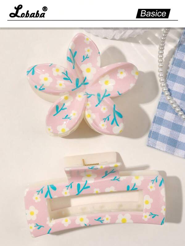 2pcs ABS Floral Pattern Hair Clip Set, Large Square Bun Accessory, Bohemian Style, UV Print, Pink Flower Hair Claw For Beach Holiday Fashion Hair Accessories Flower Claw Clips