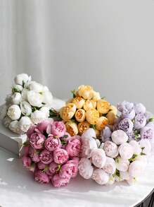 1 Bund Seiden-Pfingstrosen-Strauß, künstliche Rosenblüten mit 27 Blütenköpfen, künstliche Kamelie, ein Stiel mit drei Blüten, gefälschte Blumen mit verbrannten Kanten, Rosen, Pfingstrosen, Teeblumen, Hochzeitsfotografie-Requisiten, Dekoration für kleine Sträuße zuhause, Wohnzimmertisch Dekoration, DIY Blumenarrangement für Verlobungsdekorationen, Heim-, Essraum-, Wohnzimmer-Dekoration
