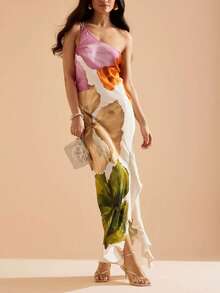 Women's One Shoulder Long Cami Dress Sleeveless Flower Print Beach Holiday Dresses - 黃色 - 查看 7