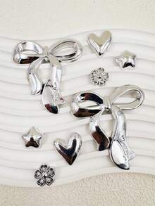 8pcs Set Fashionable Silver Large Bow Asymmetrical Heart DIY Accessories, Shoe Decor, Suitable For Slippers, Sandals, Shoelace Decoration - Silver - View 2