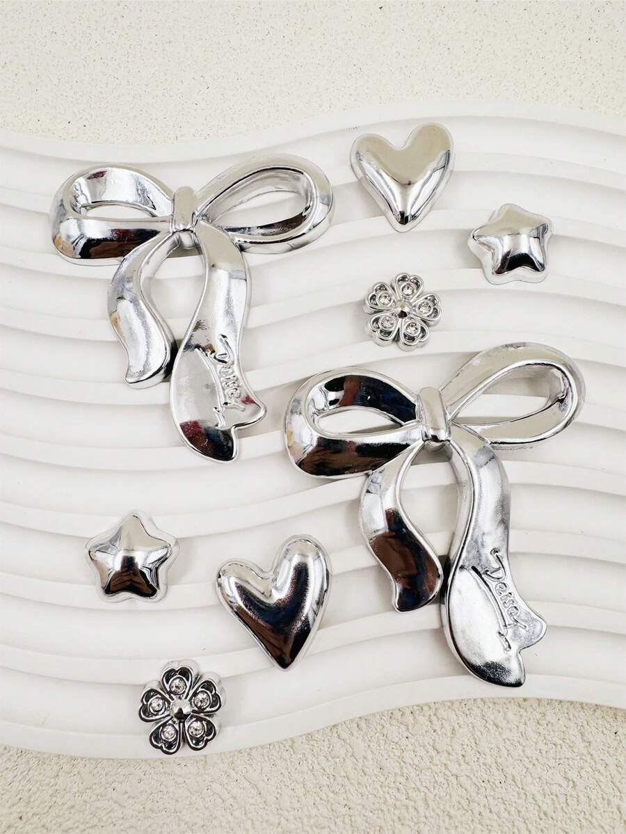 8pcs Set Fashionable Silver Large Bow Asymmetrical Heart DIY Accessories, Shoe Decor, Suitable For Slippers, Sandals, Shoelace Decoration