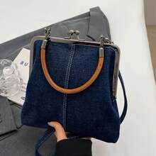 Women's Denim Crossbody Tote Handbag With Kiss Lock Clasp Vintage Coin Purses Bag For Outdoor Portable Beach Wedding - 深藍色 - 查看 3