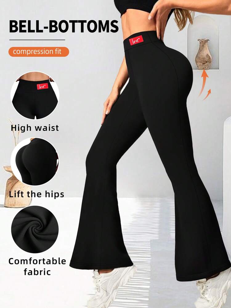 Leggings de yoga para mujer con pierna acampanada y gráfico con letras, pantalones de yoga de talle alto acampanados, pantalones de yoga de pierna ancha, pantalones elásticos para trabajo, ejercicio, entrenamiento, carrera, ciclismo, yoga y Picklebal|Casual - Negro - Ver 3