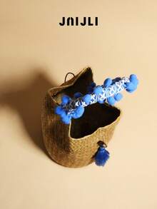 JNIJLI 1 chiếc Túi rơm thủ công tua rua phong cách cổ điển Boho Vacation, Túi xách, Túi dệt cổ điển của Pháp, Đa năng cho việc đi lại hàng ngày, Thời trang công sở giản dị, Kỳ nghỉ du lịch, Đám cưới bãi biển, Dã ngoại, Ngày lễ, Bãi biển, Quà tặng tuyệt vời nhất cho phụ nữ, Mẹ, Giáo viên, Bạn bè, Phù dâu, Có kèm mặt tua rua - Dark Blue - Xem 4