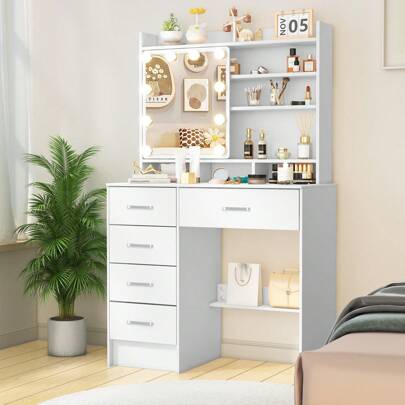 Dressing Table With Makeup Mirror & LED Light 5 Drawers Shelf Vanity Desk Dresser - With LED Slide Mirror And Shelves Makeup Vanity Desk Set For Bedroom