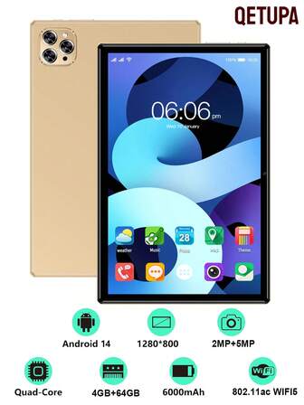 Qetupa 2025 Model 10.1 Inch High-Performance Tablet, 4GB+64GB, Android 14 OS, Supports 802.11ac Wi-Fi, Quad-Core MTK 6755 1.3GHz Processor, 1280*800 IPS HD Large Screen, 6000mAh Battery (Adapter Not Included), Supports Widevine L1, 2MP Front Camera, 5MP Rear Camera (No SIM Card Support)