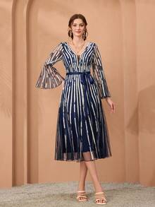 Vestido de noche elegante de manga larga, cuello en V, de malla transparente con cordón y mangas anchas, vestido de dama elegante - azul real - Ver 4