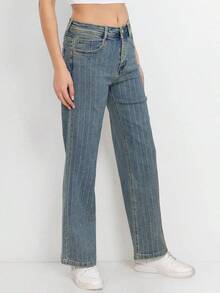 KATCH ME KatchMe Women's Versatile Mid-Rise Lines Multi-Pocket Straight Leg Jeans, Vintage Denim Trousers For Women, Soft Comfortable Women's Bottoms - Vintage Blue - View 2