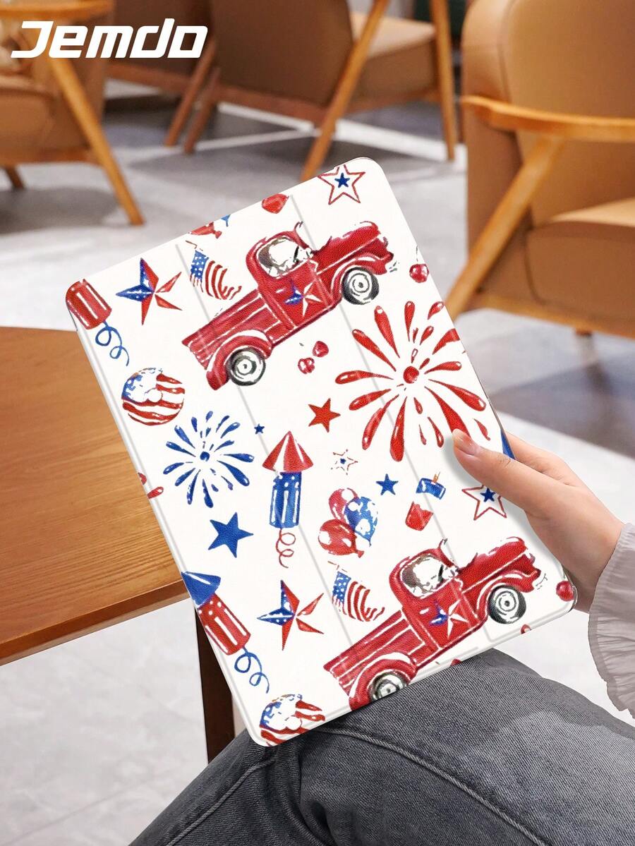 汽车爱国风格经典卡车和烟花图案平板电脑保护壳，兼容 iPad 10.2 英寸、iPad Pro 11 2021/2020/10th Gen、iPad Mini 4/5/6、Galaxy Tab A8 10.5 英寸 2022、Matepad 10.4/Tab，带笔槽，支持自动睡眠/唤醒，礼物 - 彩色 - 查看 1