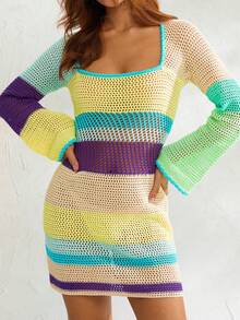 Women Crochet Knit Mini Dress Bikini Cover Up Colorful Striped Long Sleeve See Through Mesh Cover Ups Summer Coverups Beach Wear - Yellow - View 1