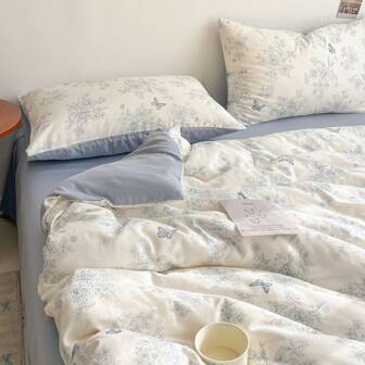 3pcs Cotton Double Gauze Bedding Set With Flower & Butterfly Print, 1 Duvet Cover + 2 Pillow Shams, Soft & Breathable, Suitable For Single/Double Bed, Machine Washable