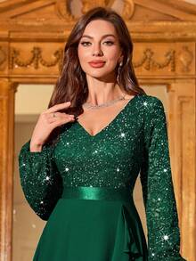 Elisanya Đầm Maxi dự tiệc trang trọng cổ chữ V ren hoa sequin tay áo lồng đèn viền bèo nhún, Đầm dự tiệc thanh lịch cho nữ, Đầm dạ hội trang trọng, Đầm dạ hội, Cho khách dự tiệc cưới, Tốt nghiệp, Tiệc tối - Xem 8
