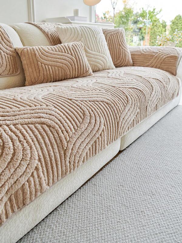 1pc Minimalist Line Pattern Sofa Cushion Cover, Boho Style Thick Plush Sofa Slipcover, Warm Living Room Bedroom Decor Sofa Protector Pad, Non-Slip, Pet Friendly