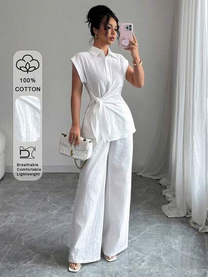 Conjunto de verano para mujer LilyHouse, blusa sin mangas con nudo en la cintura emparejada con pantalones rectos casuales, adecuado para el viaje diario/negocios/oficina, atuendo para el Día de San Valentín, ropa de primavera