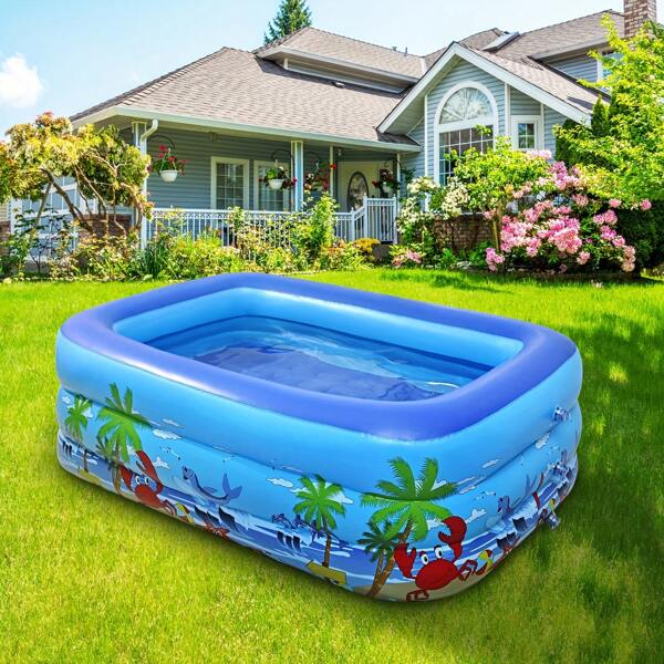 Inflatable Ring Swimming Pool, Tropical Beach With Palm Trees Themed Inflatable Pool, Perfect For Garden, Backyard, Summer Water Parties, Inflatable Bathtub, Easy And Fast Setup