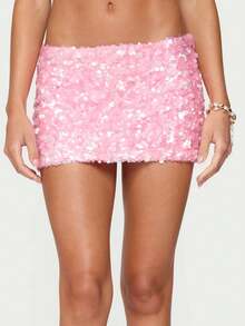 Women's Sparkly Sequin Mini Skirt Slim Fit Bodycon Rave Party Club Short Pencil Skirts - Hồng - Xem 4