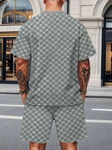 Men's Sports Suit Summer New Korean High Street Jacquard Plaid T-Shirt Shorts Two-Piece Set Male Casual Retro Loose O-Neck Top  Plaid    Spring/Fall  Summer    Regular Fit    Drawstring  Pocket