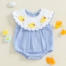 Baby Girl Summer Outfit Duck Embroidery Doll Collar Plaid Sleeveless Bubble Romper Infant Bodysuit Newborn Spring Clothes