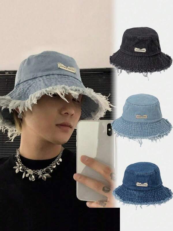 1pc Men's Street Fashion Metal Decoration Distressed Brim Bucket Hat, Bucket Hat, Casual Outdoor Sun Protection Hat, Versatile For All Seasons