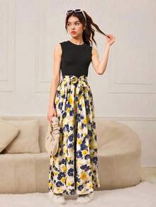 Teenage Girl Sleeveless Floral Print Casual Dress, Comfortable Garment For Spring/Summer - Black - View 1