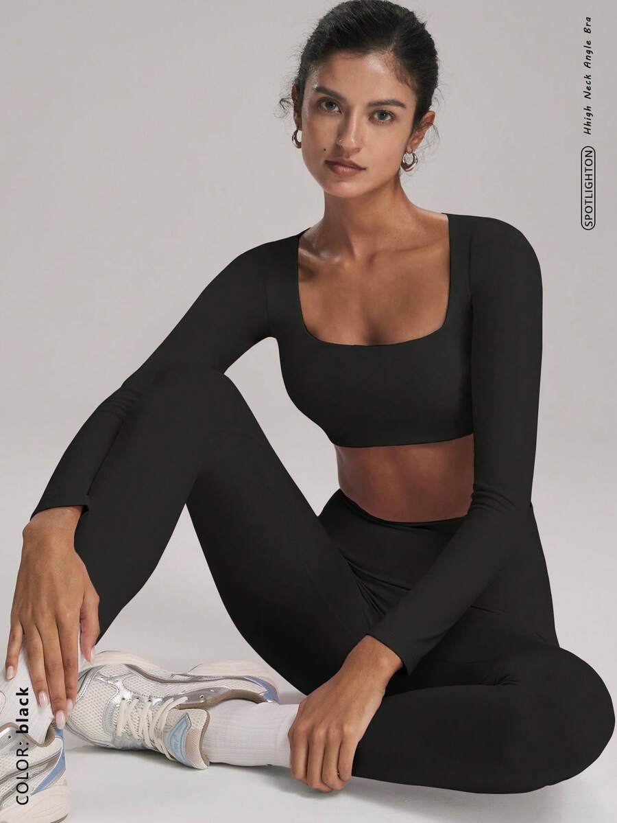 FWH Áo croptop tay dài + quần short xếp ly, thiết kế ôm sát như da thứ hai, kiểm soát vùng bụng và nâng mông, quần short định hình, chất liệu mềm mại như không mặc gì, thích hợp cho Pilates/Gym, quần short nâng mông, chống lộ nội y khi squat, thích hợp cho Yoga/Khiêu vũ, bộ đồ yoga hở lưng màu đen mùa xuân - màu đen - Xem 1