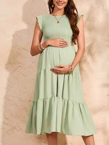 Summer Maternity Boho Smocked Baby Shower Dress Ruffle Sleeve Flowy Casual Pregnant Outfit Photoshoot Dress - Green - View 1