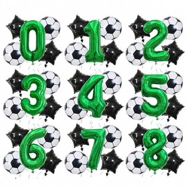 Combinación de 5 globos con temática de la Copa Mundial de Fútbol + globos con número estrellado brillante, crea una atmósfera de fiesta perfecta, apropiado para celebraciones de fútbol juvenil, ceremonias de graduación y decoración de fiestas deportivas