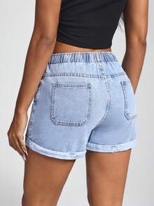 Jeanoix High Waist Slant Pocket Roll Hem Denim Shorts - Light Wash - View 5