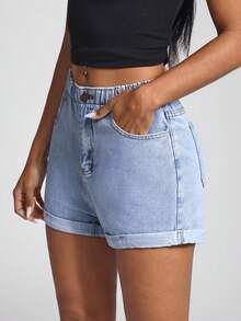 Jeanoix High Waist Slant Pocket Roll Hem Denim Shorts - Light Wash - View 2