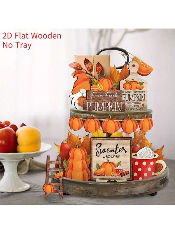 14pcs Autumn Thanksgiving Harvest Festival Wooden Tiered Tray Decoration Set - Sweates Weather Pumpkin Ladder Design Rustic Office Decoration Autumn Winter Home Decoration Perfect Thanksgiving New Home Decoration