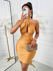 女式夏季热辣纯色性感年轻领带侧露背挂脖紧身臀部褶皱连衣裙，适合约会派对、舞会外出，多种穿法 - 橘色 - 查看 6