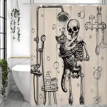 1pc - Polyester - Funny Skull Skeleton Shower Curtain Set, Vintage Halloween Gothic Weird Bone Shower Horror Waterproof Shower Curtain With 12 Hooks, Modern Home Decor