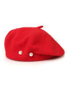 1pc Women Solid Color Faux Pearl Decoration Wool Casual Beret Cap, Elegant & Luxury Black Beret Hat,Summer,Beach,Holiday,Travel - Multicolor - View 17