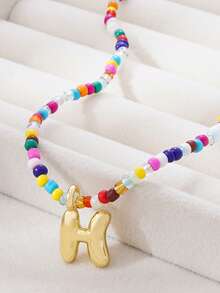 1pc Multicolor Glass Beads Letter Pendant Necklace, Bronze Tone - Multicolor - View 27