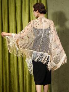1920s Vintage Sequin Embroidered Tassel Shawl, Elegant Retro Polyester Breathable Mesh Short Cape, Women's Fashion Party Evening Dress Accessory - Multicolor - View 10