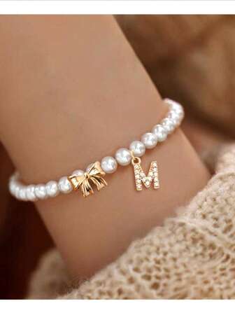 1pc New Pave Zirconia Initial And Bow-Knot Pendant Beaded Bracelet For Women