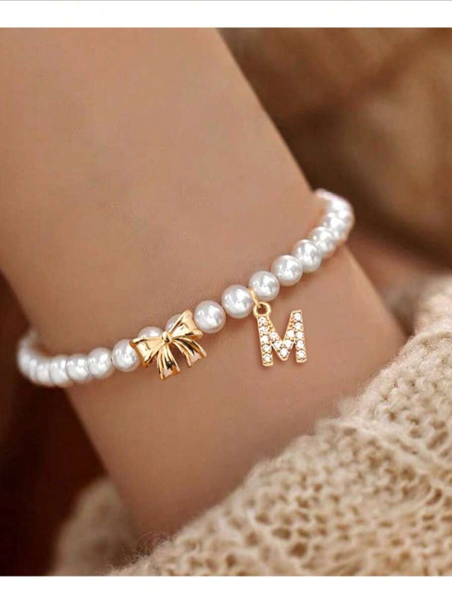 1 pieza Nuevo brazalete con colgante de lazo con letra de circonita y cuentas, para mujer - estilo 1 - Ver 1