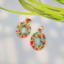 1 Pair Handmade Elliptical Hollow Boho Style Fashion Faux Crystal Earrings, Suitable For Women, Beach Holiday Or Daily Matching