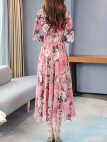 Đầm dài tay in họa tiết dành cho nữ, đầm dài thanh lịch tôn dáng, đầm chiffon hoa văn sang trọng, đầm nữ mùa xuân nghỉ lễ. - Màu Hồng  Dưa hấu - Xem 2