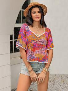 Bohemian Multicolor Subtropical Printing V-Neck Trumpet Sleeves Short Ladies' Shirts Seaside Holiday Coachella Music Festival Tropical Vacation Hawaii - 彩色 - 查看 8