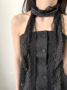 1 chiếc khăn quàng cổ dài buộc dây ren chấm bi đen, băng đô mùa hè nhỏ gọn, khăn lụa dài chấm bi ren cổ điển, khăn quàng cổ thời trang xuân/hè dành cho nữ, kiểu buộc dây trang trí mềm mại, phù hợp với váy. - màu đen - Xem 2