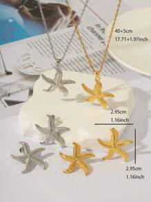 1 conjunto de 3 peças de colar e brincos da moda, corrente de aço inoxidável com pingente de estrela do mar, adequado para presente de joia diário feminino