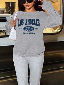 女式字母图案长袖运动衫，椰子树图案设计 - 休闲运动上衣，适合舒适锻炼和日常穿着