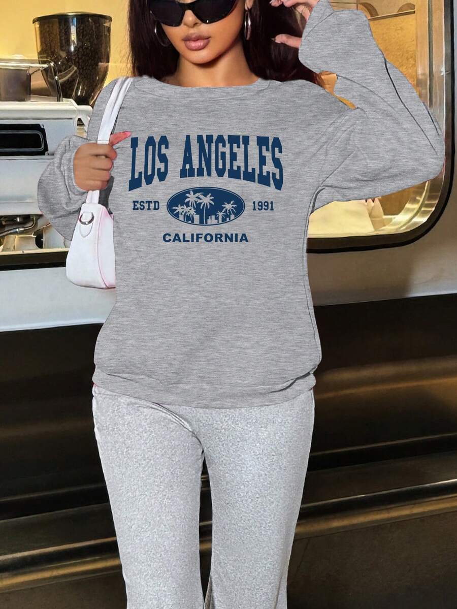 女式字母图案长袖运动衫，椰子树图案设计 - 休闲运动上衣，适合舒适锻炼和日常穿着