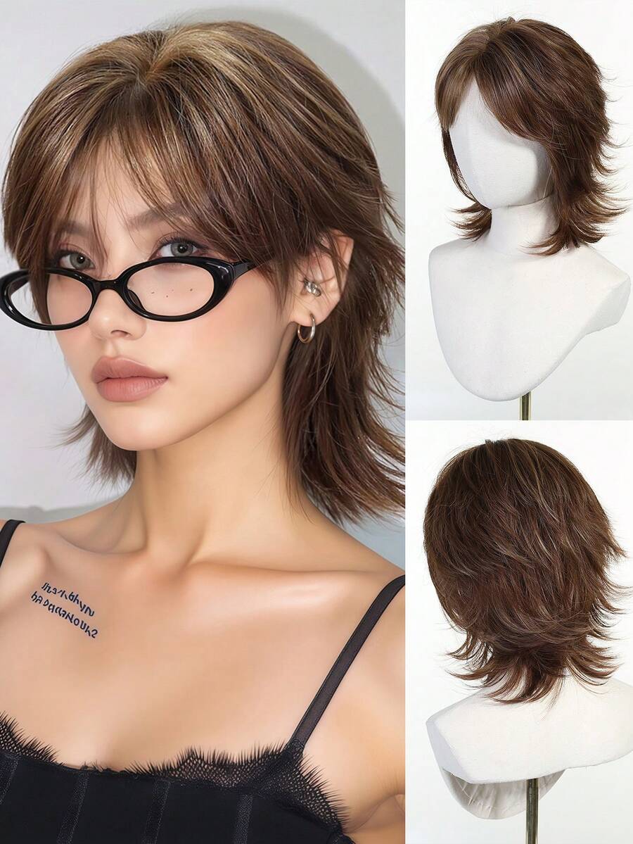 12 Inch Short Mullet Head Wigs With Bangs Synthetic Straight Women Brown Short Hair Wig For Daily Party Cosplay Wigs(Pay Attention To How You Wear And Care For It,Due To Lighting And Angle During Photography, The Actual Product May Have Slight Color Differences Compared To The Images.)