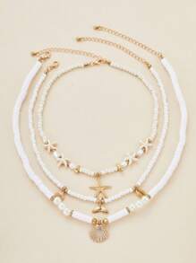 Set de 3 collares con colgantes de concha, cola de pez y estrella de mar, joyería de playa, viaje y fiesta para mujer