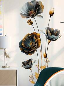 Elegant Handpainted Black And Gold Floral Wall Decal - Modern Matte PVC Removable Reusable Self-Adhesive Wallpaper, Suitable For Living Room And Bedroom Decoration