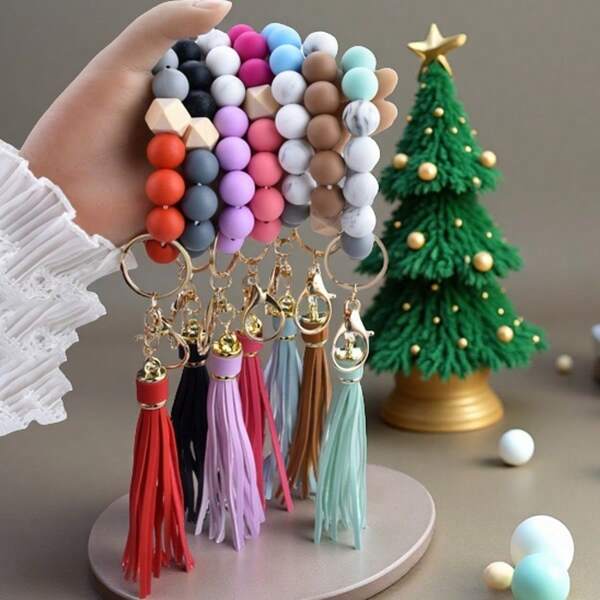 1 Piece Minimalist Fashion Marble Textured Silicone Beaded Tassel Keychain, Keyring Decoration Accessory For Bags, Cars - Ideal Gift For Women, Anti-Lost Key Ring For Friends Or Mothers Car Accessories Bag Charm