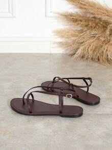 Women's Fashion Open Toe Multi-Strap Slides, Comfortable Versatile Hollow Buckle Flat Sandals - Chocolate Brown - View 7