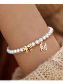 1 pieza Nuevo brazalete con colgante de lazo con letra de circonita y cuentas, para mujer - estilo 1 - Ver 6